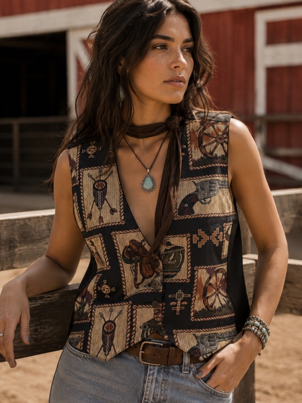 Vintage Deborah Murray Cotton Blend Southwestern Tapestry Vest Brown LG Boho